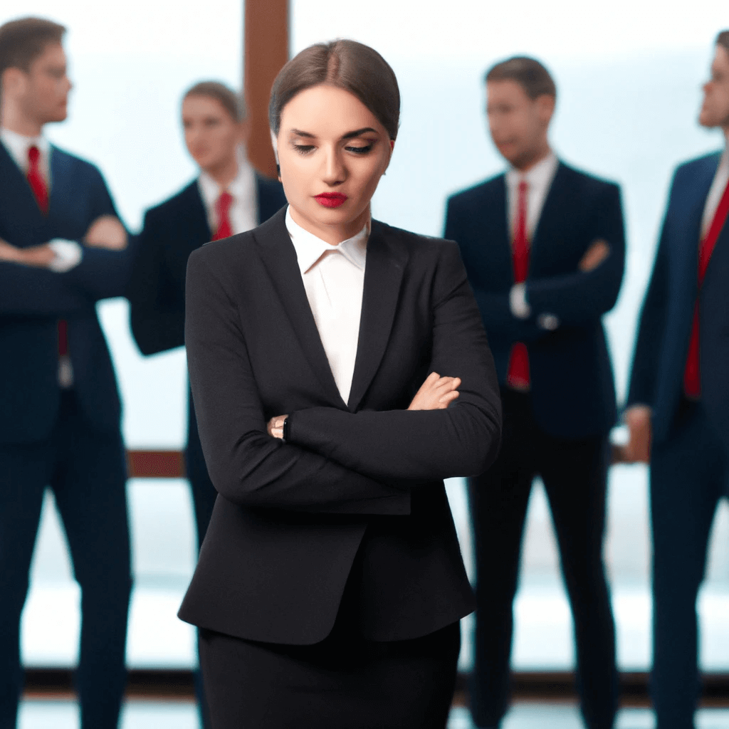 strict female boss in front of group of men's, view from distance