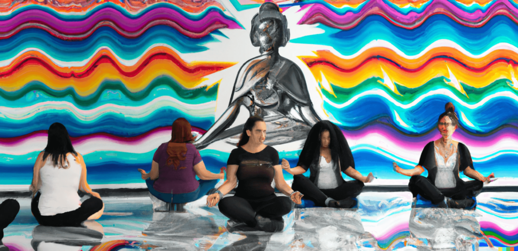 group of people meditation in front of futurist art