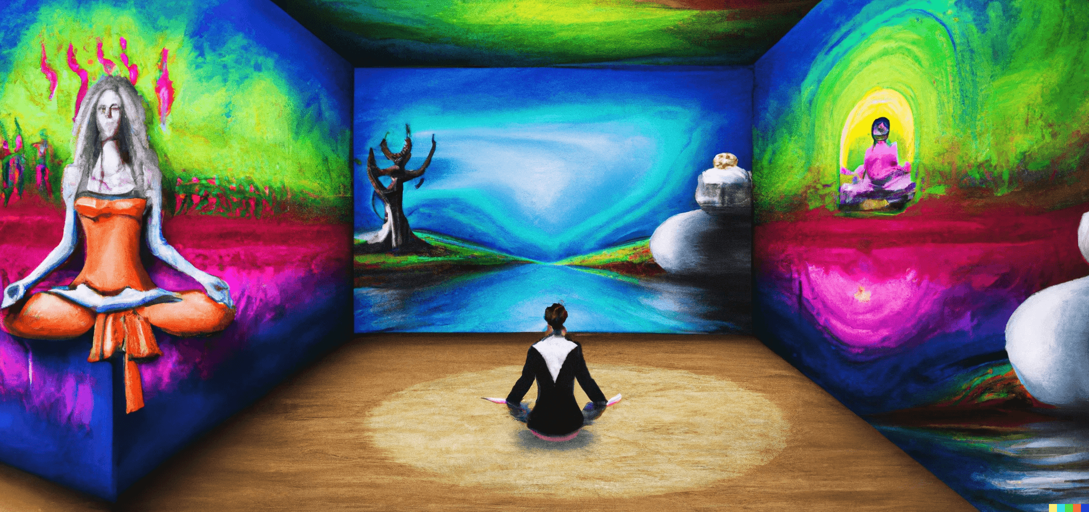 woman meditation in front of surrealist painting
